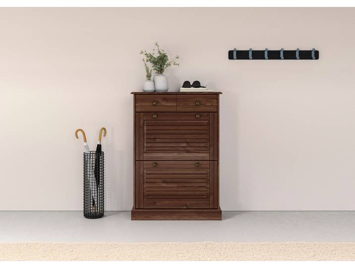Schuhschrank GOODPRODUCT Liotta , braun, B:75cm H:105cm T:25cm, Massivholz, Schränke, Schuhschrank, Mit 2 Klappen und 1 Schublade