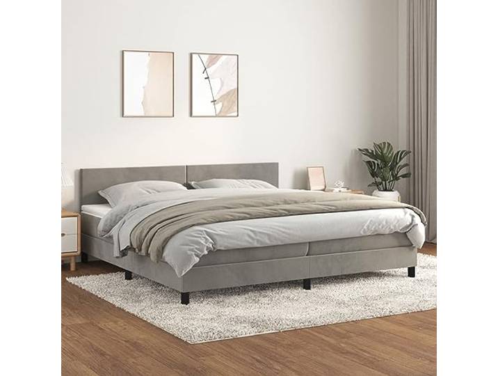 RJPLMFV Lattenrost und Matratze, Velours, Hellgrau, 200 x 200 cm Kopfteil verstellbar, Taschenfedern, mittelharte Unterstützung, weicher Matratzenschoner, inkl. Anleitung