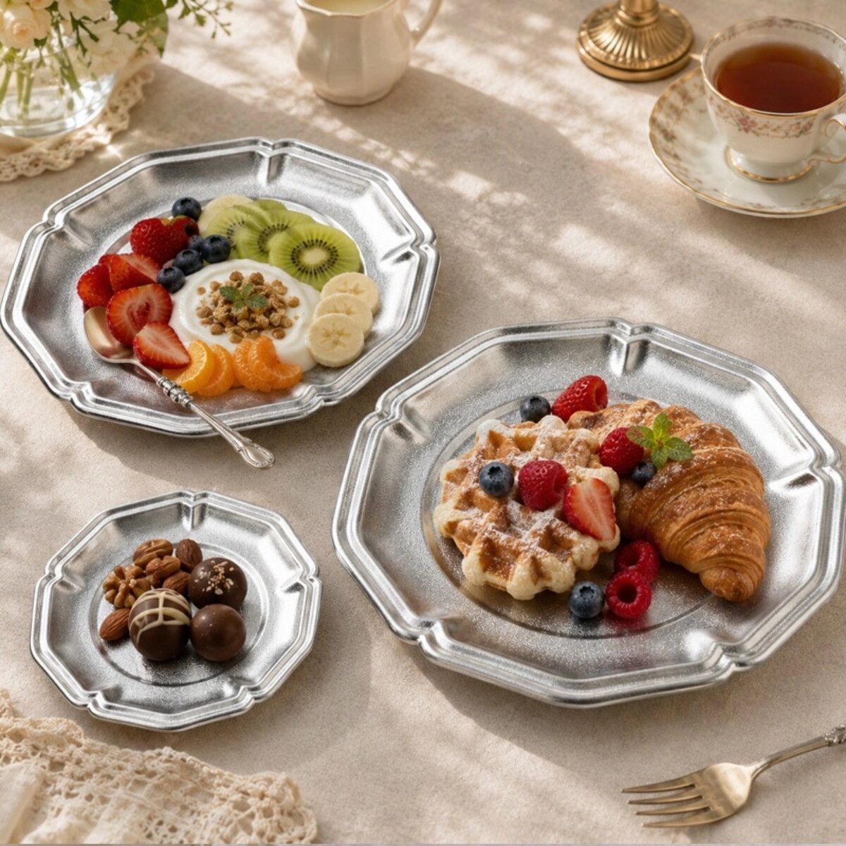 INF Vintage-Dessertteller aus 304 Edelstahl, silberner runder Servierteller für Cafés, Kaffeetafeln und das Essen zu Hause M