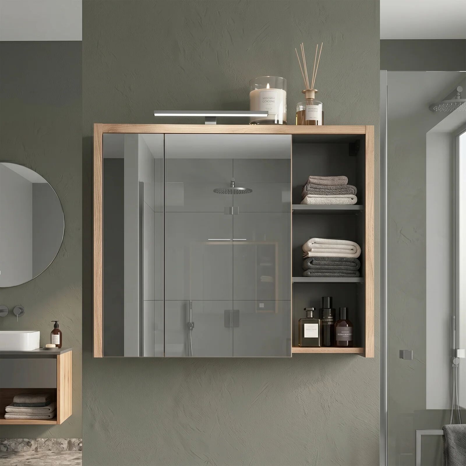 garneroarredamenti Specchio mobile contenitore 100x75cm 2 ante rovere antracite Veny