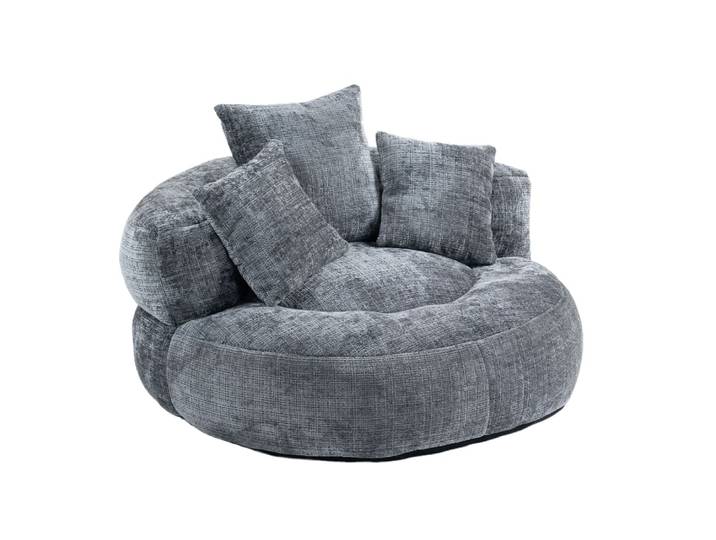 Fauteuil rond lounge en tissu gris avec coussins