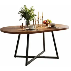 Merax Ausziehbarer Esstisch 100-140x100 cm, runder Esstisch Walnussoptik für 4-6 Personen, 3 cm Tischplatte & Metallgestell