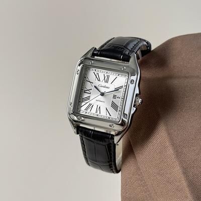 Fashion Sheath Luxury Square Roman Numeral Quartz Watch: Classic Leather Strap Business Dress Wristwatch white