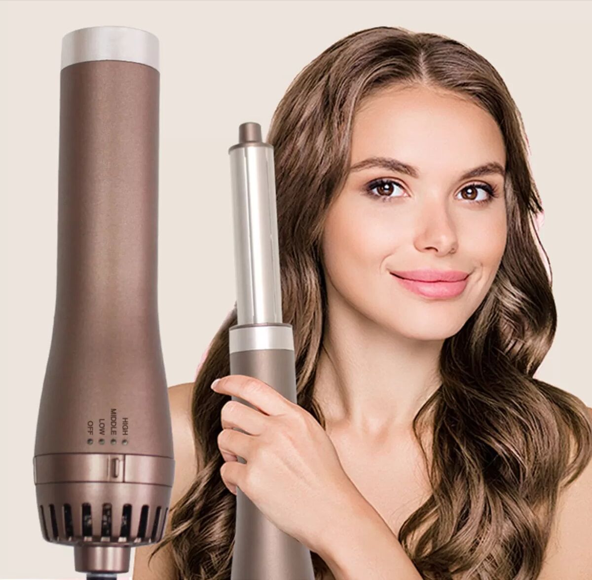 INF Styler soufflant 5-en-1 900W 230V - Brosse soufflante avec têtes interchangeables, air chaud/air froid, couleur café