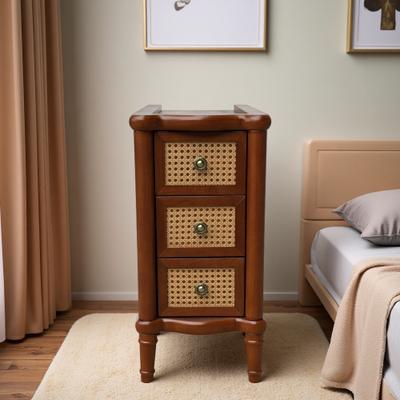 ZWYO HOSIMU 23.63 Inch MDF Nightstand with 3 Drawers, Rattan Design, Narrow Side Table, Solid Wood Bedside Table for Bedroom