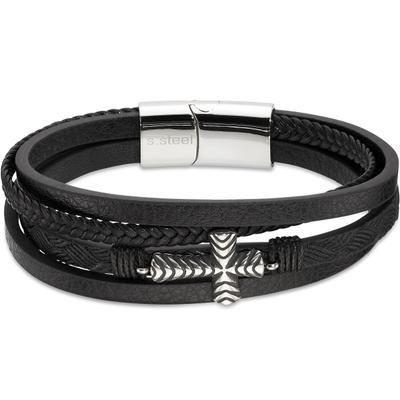 Lederarmband FIRETTI "Edelstahl-Lederamband mit aufgesetztem Kreuz", schwarz (edelstahlfarben, schwarz), Armbänder, Damen, 21,5cm, Edelstahl Leder, Edelstahl, Leder, Lederarmband