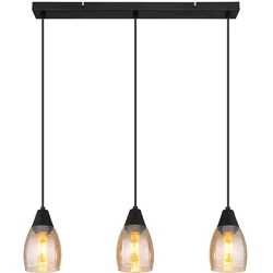 Pendelleuchte Glas Hängeleuchte Glas Esstischlampe schwarz, 3 flammig, Amber Metall, 3x E27 Fassungen, LxBxH 55x10x120cm
