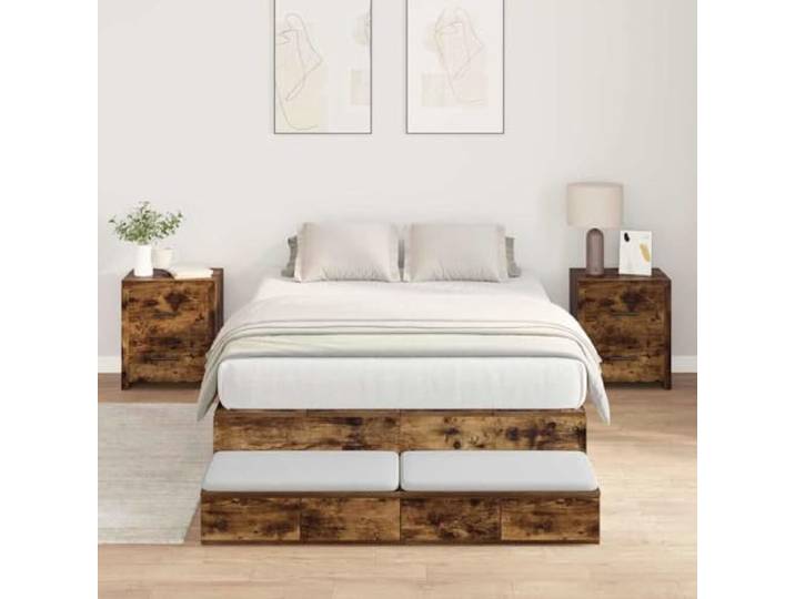 RJPLMFV Bettgestell, Aufbewahrung, 120 cm, Raucheiche Mit Türen und Schubladen, massives Kiefernholz, Ledergriffe, Latten, ohne Lattenrost
