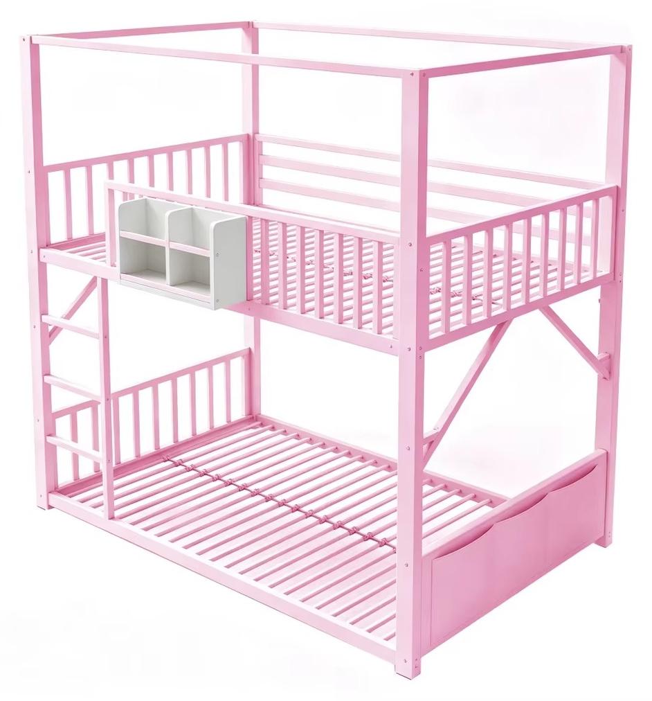 Kinder-Etagenbett - Metallrahmen - 90 x 200 cm - Dachkonstruktion - Mit Stauraum - Platzsparend - Rosa