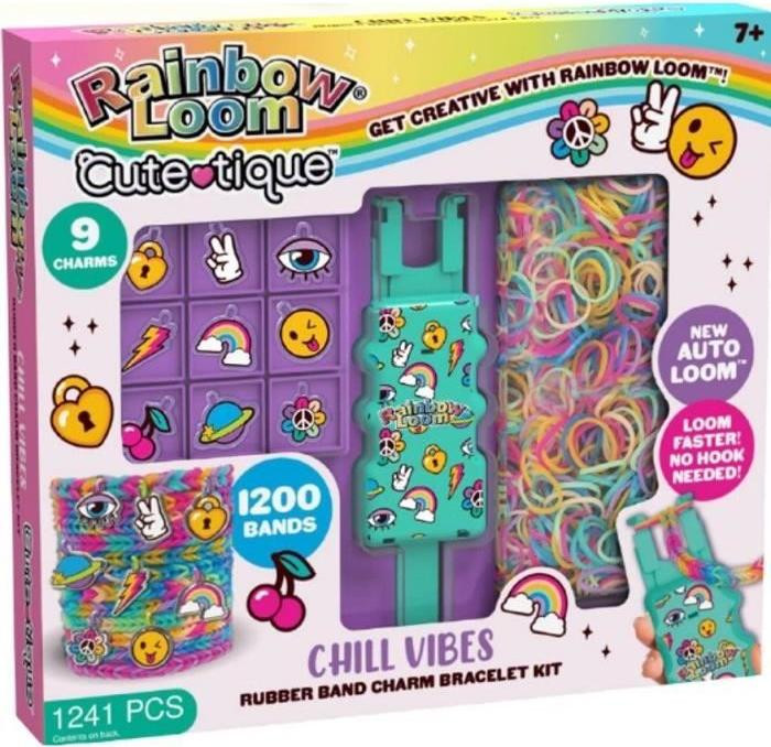 Bandai Rainbow Loom armbandset met 1200 elastiekjes, 25 C-clips en Beadmojis kralen