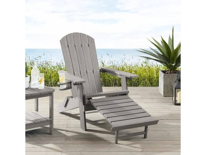 Ogarden Adirondack Loungesessel Arizona, Mit Fußschemel, Getränkehalter, HIPS Kunststoff, Holz-Optik - für Balkon, Terrasse, Rasen, Kamin (Hellgrau)