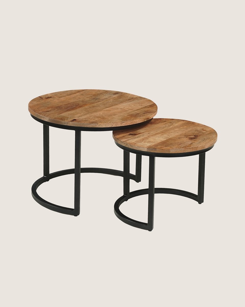 Set van 2 ronde salontafels van mangohout in rustieke en industriële stijl