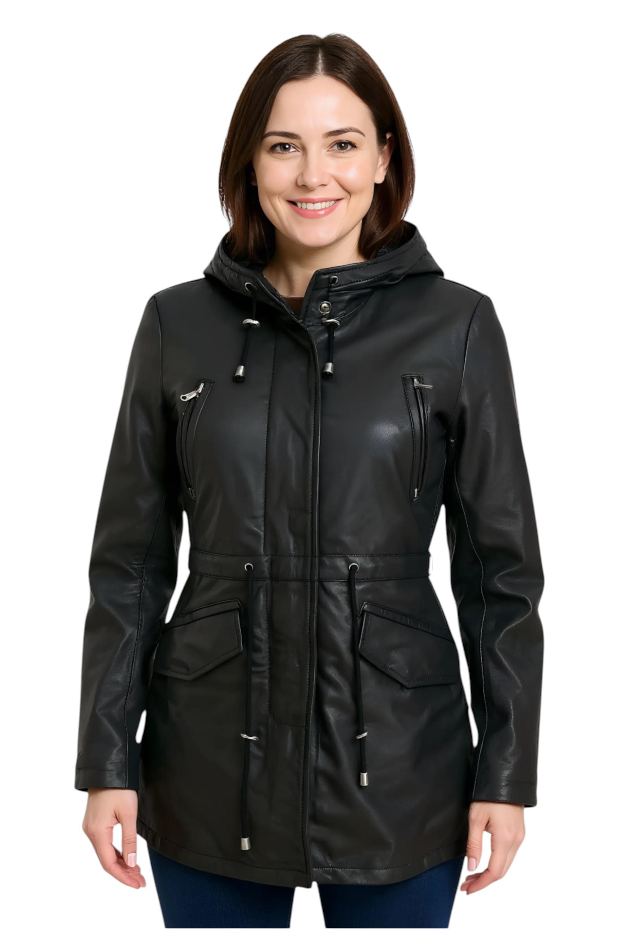 Damen Parkajacke mit Kapuze, Schwarz, Leder, Cairns