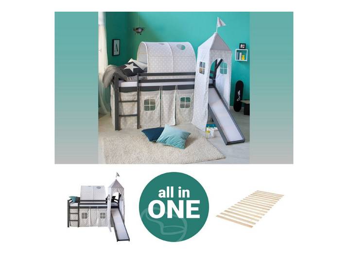 Homestyle4u Hochbett Kinder 90x200 cm Grau mit Vorhang Sterne Holz Kinderbett Junge (Spar-Set, mit Lattenrost, Rutsche, Tunnel, Turm, Jungen Mädchen) mit Rutsche, Spielbett