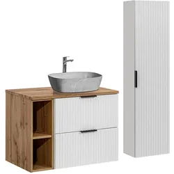 BADMÖBEL 80.6cm Adriel 2er-Set Weiß, Holz und Stein