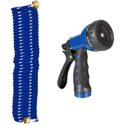 Relaxdays Spiralschlauch Wasser, bis 10 m ausziehbar, flexibler Gartenschlauch mit Wasserbrause, 7 Strahlarten, blau