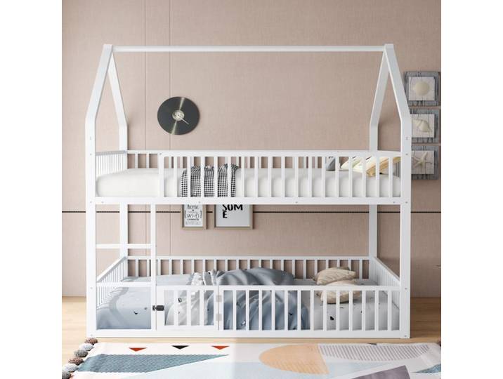 Lit superposé - KOMHTOM - Design maison - Couchages 90x200 & 140x200 - Structure métal - Escalier coffre