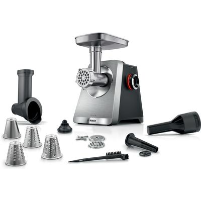 BOSCH Fleischwolf "Serie 8 MFWS840M, bis zu 4,5 kg Fleisch pro Min., spülmaschinenfest", silber (stainless steel), B:18,9cm H:26,3cm T:25,8cm, Zerkleinerer, Edelstahl, 10-Jahre Motorgarantie, mit drei Lochscheiben, 2.500 W