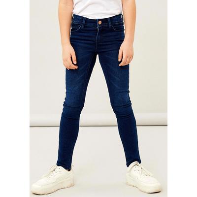 Skinny-fit-Jeans NAME IT "NKFPOLLY SKINNY JEANS", Mädchen, Gr. 164, N-Gr, blau (dunkelblau denim), Denim/Jeans, Obermaterial: 72% Baumwolle, 26% Polyester, 2% Elasthan, Abriebeffekte, unifarben, skinny fit lang, Jeans, aus bequemem Stretchdenim