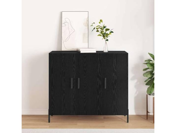 RJPLMFV Anrichte Eiche Schwarz 90 x 34 x 80 cm Holz Wohnzimmerregal, Scharniertüren, konische Füße, pflegeleicht