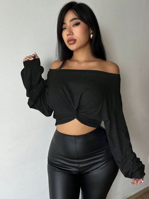 Lush Living Finds Chic Front Tie Off Shoulder Crop Top For Women Asymmetrical One Shoulder Tops black l