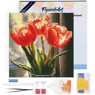 FiguredArt DP-SFA194-Y - Mini Diamond Painting, Pfirsichfarbene Tulpen, Leinwand-Keilrahmen (25x25cm), DIY Bastelset