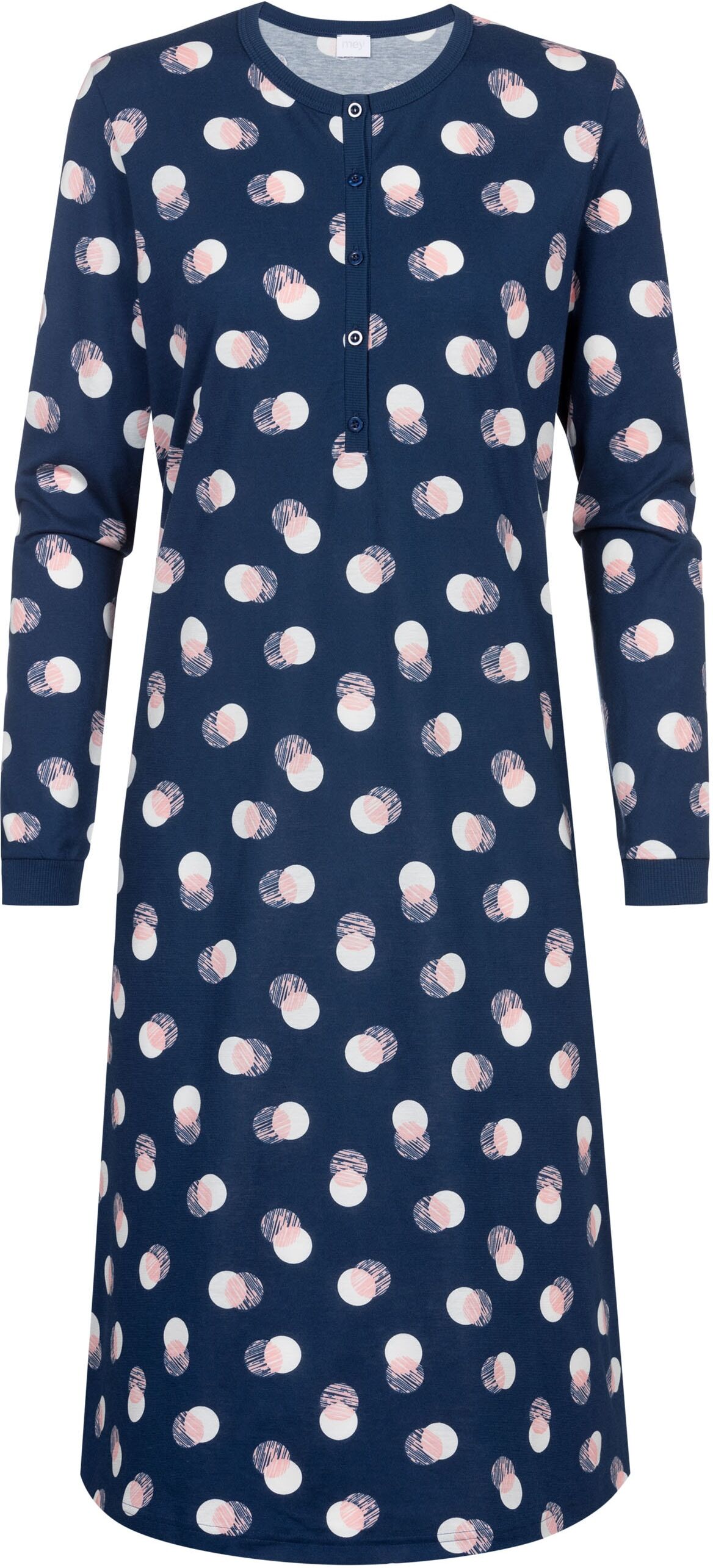 Nachthemd MEY "SCRIBBLED DOTS", Damen, Gr. 38, N-Gr, Langarm, Single Jersey, blau (deep marine), Single Jersey, Obermaterial: 100% Baumwolle, bequem knielang, Rundhals, Kleider Nachthemd, Länge in Grösse 38: circa 110 cm deep marine 38, N-Gr, Langarm, Sin