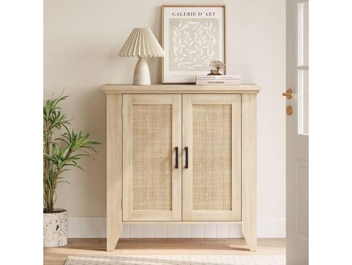 Buffet de rangement en cannage 76x40x80cm - Bohème - 2 niveaux 2 portes buffet bas
