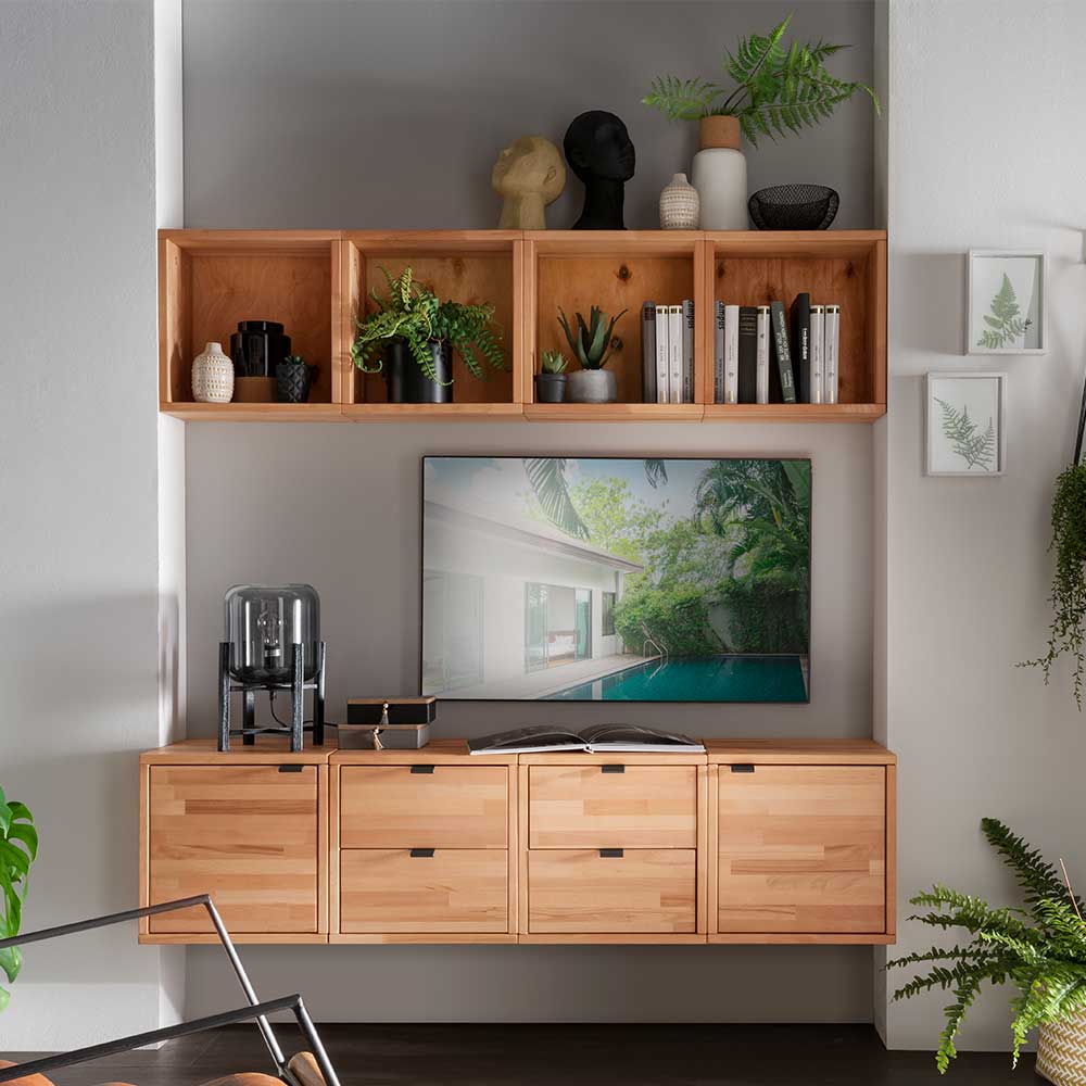 Pharao24.de Modul Wohnwand Holz aus Kernbuche Massivholz 35 cm tief (achtteilig)