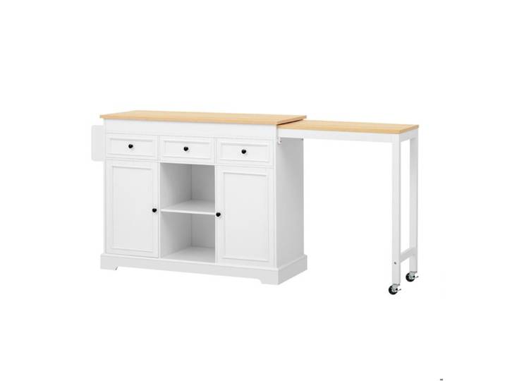 Îlot central mobile – plan de travail extensible – 3 tiroirs – blanc aspect bois