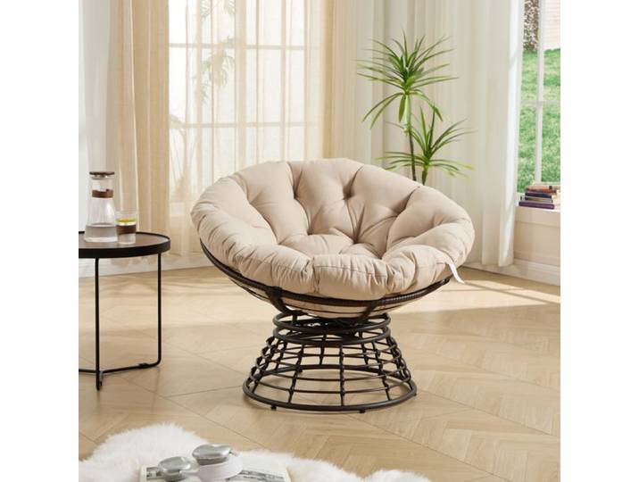 Confortable Wicker ergonomique Papasan Chaise Beige 360° Chaise en rotin intérieur pivotant doté de coussin épais doux