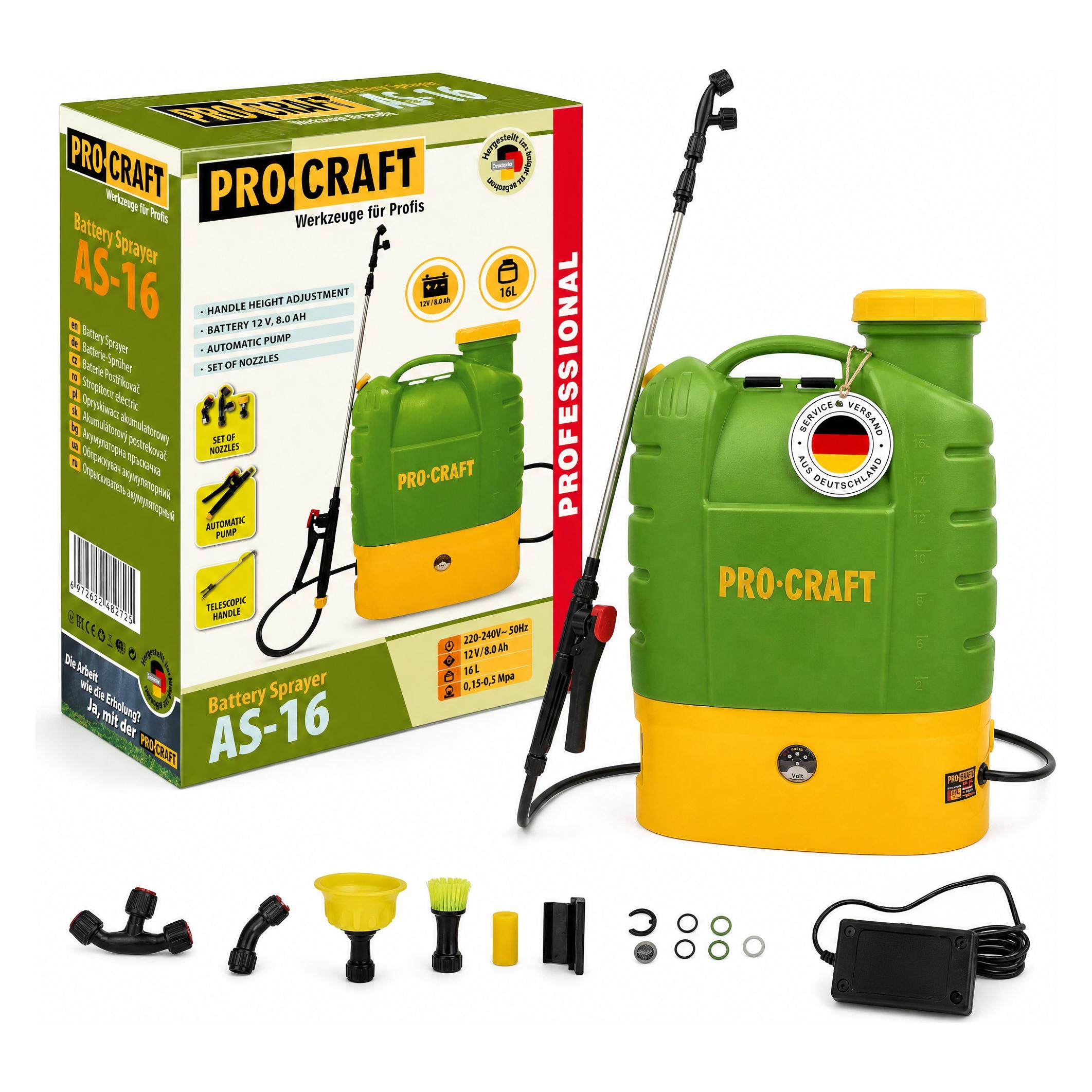 Procraft AS-16 Akku Sprühgerät 12 V 16 l 5,5 bar + integrierter Akku 8,0 Ah + Ladegerät (16 l) (AS-16)