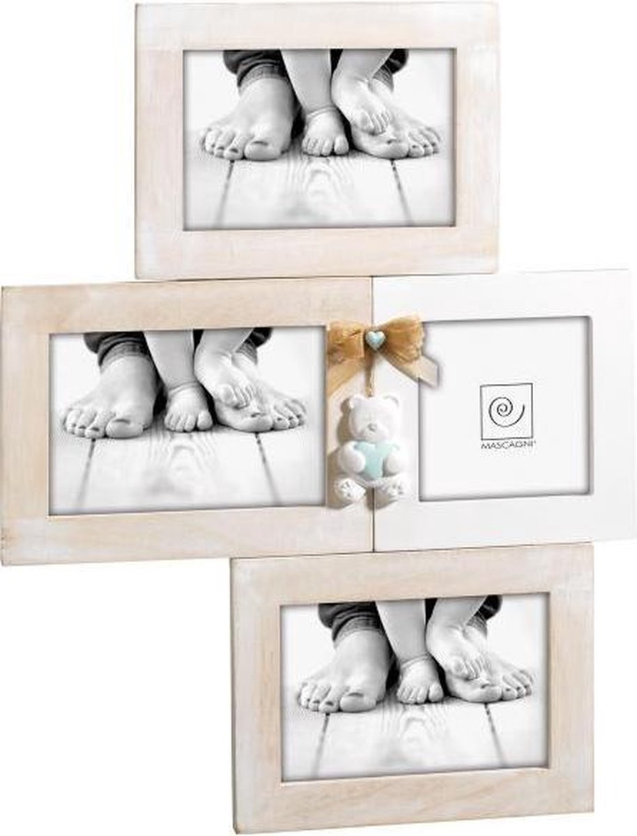 Mascagni Multi baby fotolijst hout met blauwe teddybeer en strik voor 1 foto van 10x10 cm en 3 foto's van 10x15 cm