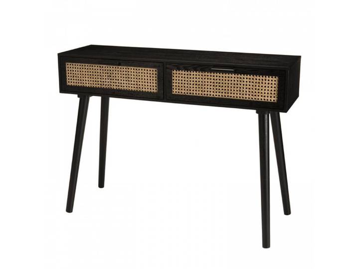 Console noire bois 2 tiroirs cannage - MACABANE - EMILIO - Style Scandinave - MDF plaqué frêne rotin et pin