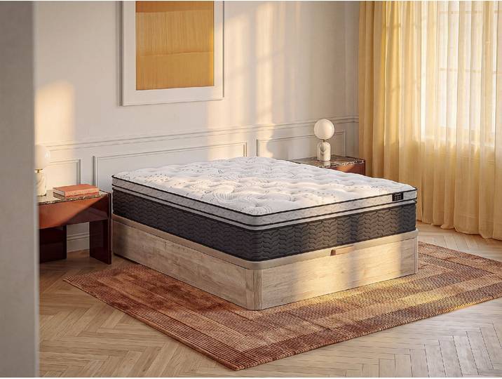 Set aus Bettgestell mit Bettkasten + Taschenfederkernmatratze & Topper - 160 x 200 cm - Hybridmatratze - Stärke 30 cm - Holzfarben hell - GAMIANI von YSMÉE