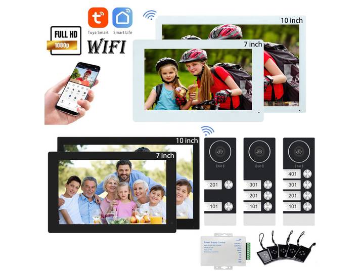 Système de visiophone WiFi TUYA 1080P pour immeubles multifamiliaux 2/3/4 logements, avec moniteur 7/10 pouces, sonnette d'appartement familial, options multiples, DIY