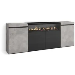 SKRAUT HOME Sideboard, Schrank, Küche, Schrank, Flurmöbel, 200x35x75cm, 4 Türen, Elektrischer Kamin, Moderner Stil, Zementgrau _ 60_11
