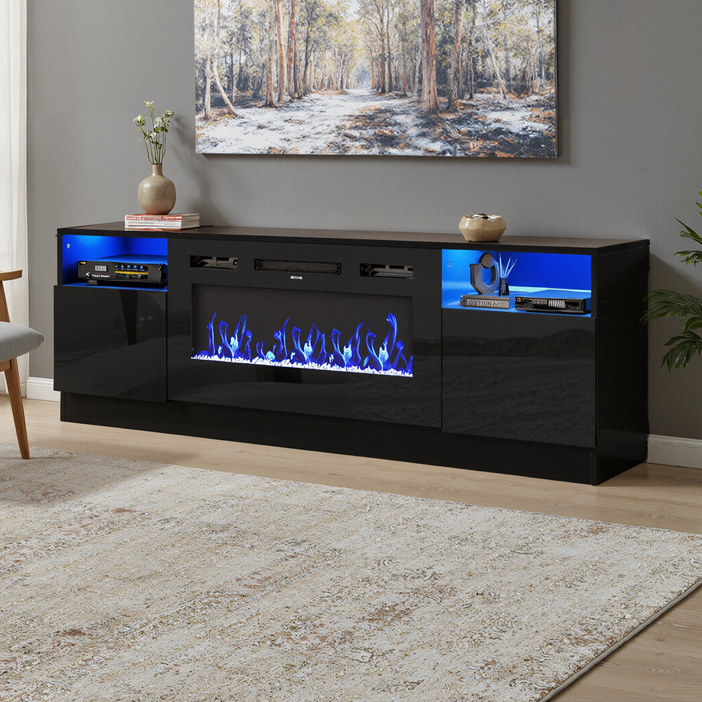 Metro Lane 178cm Wide Electric Fireplace TV Stand with Closed Storage Black 58.5cm H X 178cm W X 35cm D
