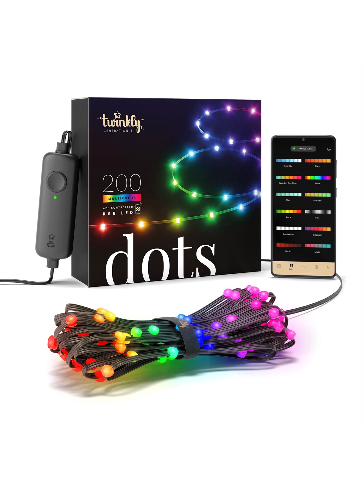 Twinkly Dots - 200 App-controlled RGB LEDs. 10 Meters. Black Wire.