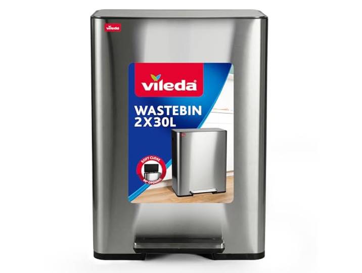 Vileda Mülleimer 60L Edelstahl silber mit 2x 30L Fächern - Treteimer mit Deckel - Abfalleimer 60L mit Soft-Close und 90 Grad Öffnung - Mülleimer Küche 60L - inkl. Einsatzfach für Duftpads im Deckel