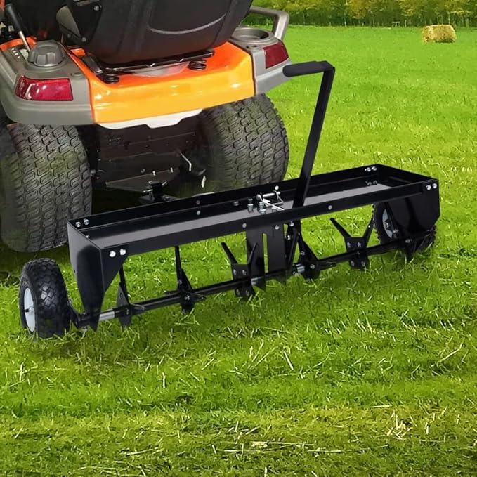 Stahl Rasenlüfter für Aufsitzmäher 102 cm Arbeitsbreite, Aerifizierer mit 50 kg Schale und 24 Stiften, Universalkupplung für Traktor ATV Rasenpflege