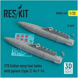ResKit 370 Gallon wing fuel tanks with pylons (type 2) for F-16 (A/B/C/D/E/F/I) (2 pcs) (3D Printed)
