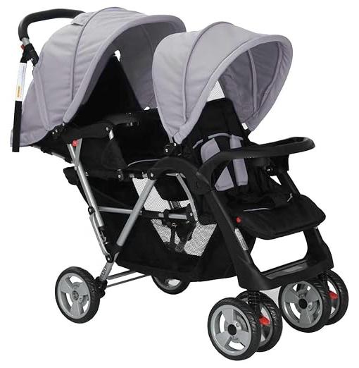 Tandem-Kinderwagen für Geschwister, Geschwisterwagen mit Stabilem Stahlrahmen, Grau, Doppelkinderwagen mit Faltbarem Verdeck, 6-36 Monate