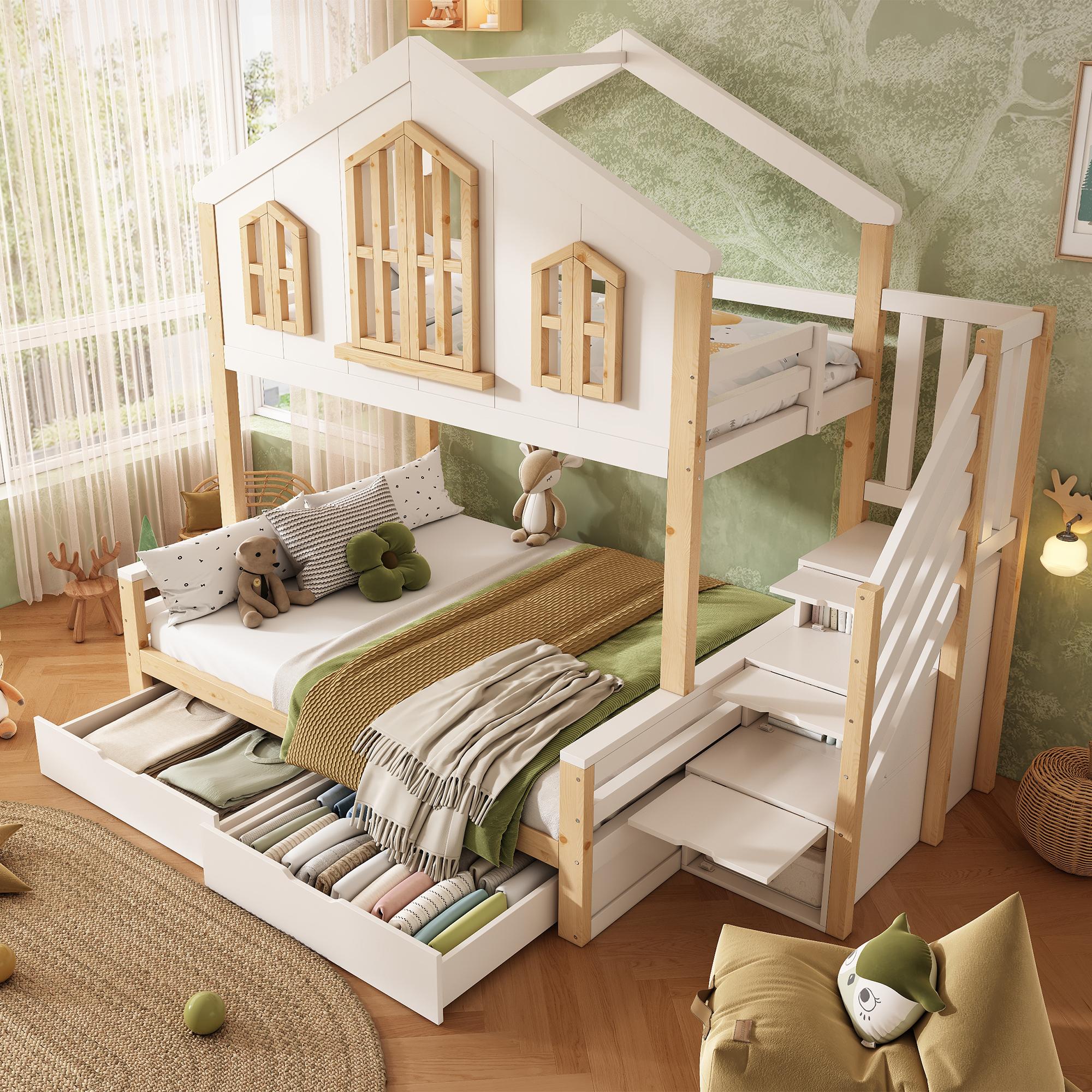 MODFU Haus-Etagenbett 90x200+140x200 Kinderbett mit Giebeldach & Fenstern, Hochbett mit Treppenschrank,Bettgestell mit Lattenrost, ohne Matratze,Weiß-Natur