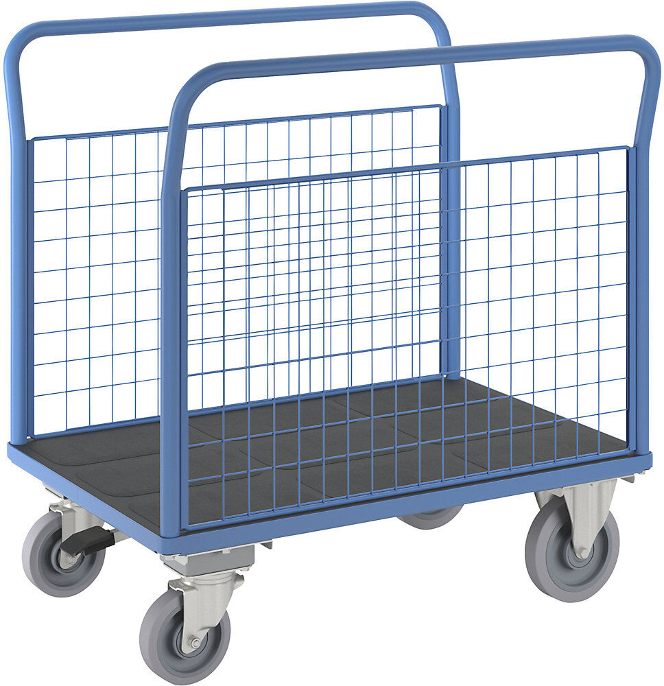Plattformwagen mit Gitterwänden, 2 Gitter-Seitenwände, mit Zentralstopp, LxB 1050 x 770 mm eurokraft pro