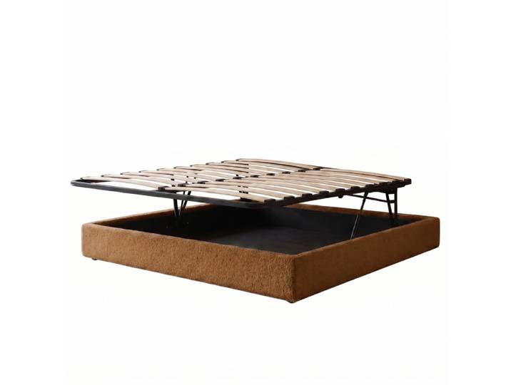 Lit coffre parallèle tissu bouclette camel 200x200cm
