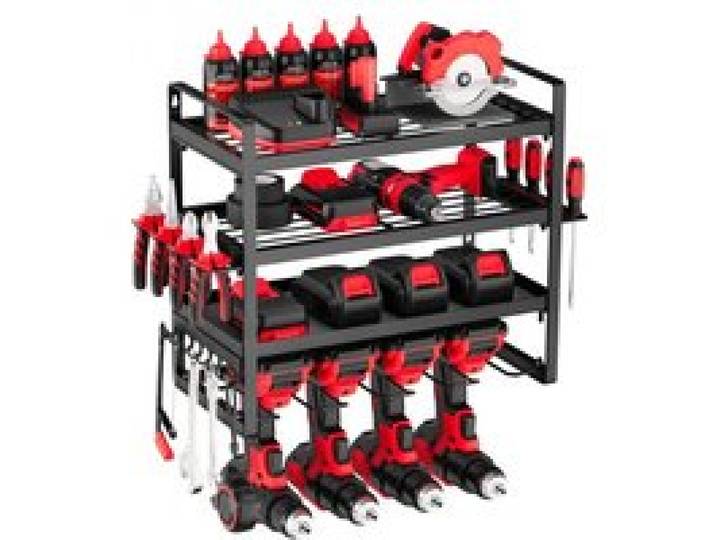 VEVOR Organiseur mural pour outils électriques, support de rangement à 4 niveaux avec 4 emplacements, porte-outils avec support de tournevis, étagère à outils pour garage, établi et atelier, noir