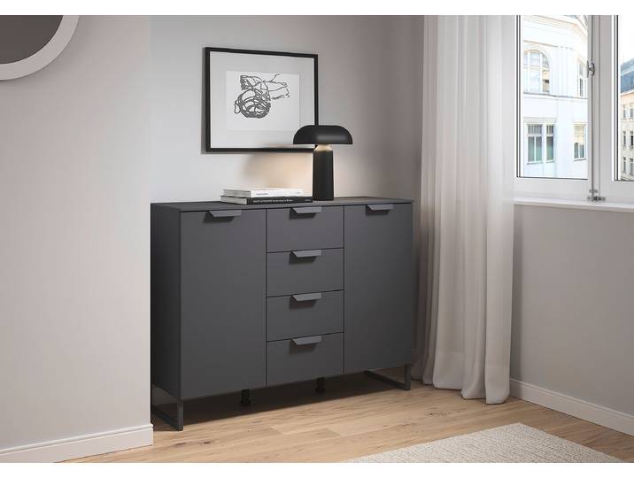 Commode Aditio avec portes & tiroirs 120 x 92 x 44cm Gris/Gris métallisé