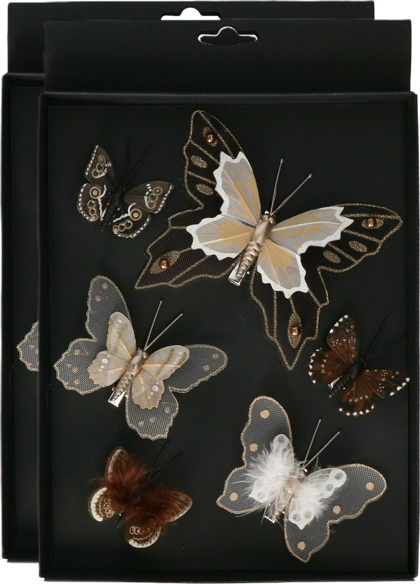 Othmar Decorations Decoratie vlinders op clip - 6 stuks - bruin tinten - 5-8 cm - kunststof