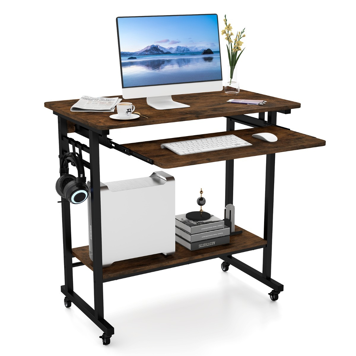 Costway Industrieel Computertafel met Wieltjes en Toetsenbordplank, Vintagebruin